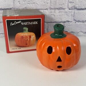 VTG Fine Ceramic Jack O Lantern Tea Light Cover Halloween 6" Pumpkin with Box